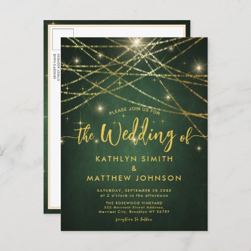 Elegant Sparkling Gold String Lights Wedding Invitation Postcard