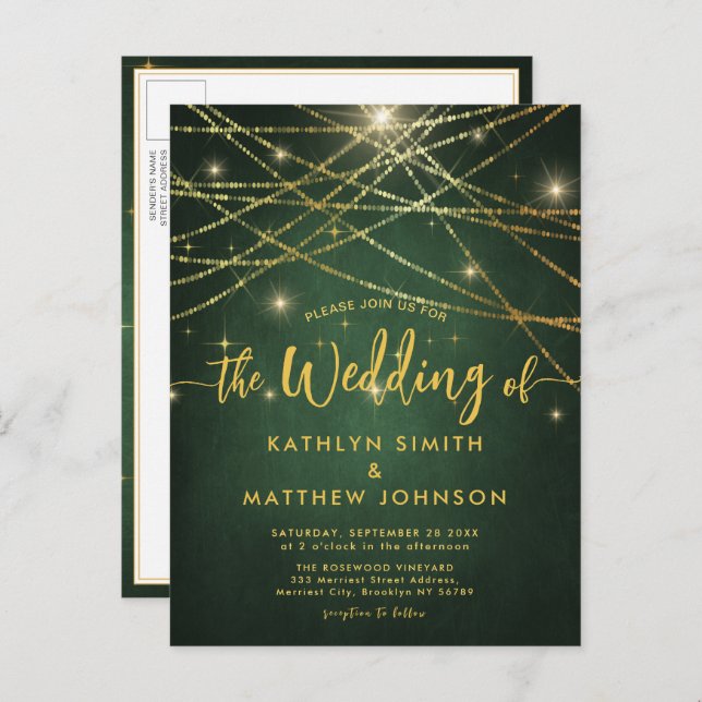 Elegant Sparkling Gold String Lights Wedding Invitation Postcard (Front/Back)