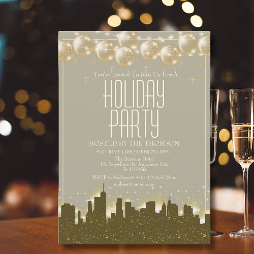 Elegant Sparkling Golden Skyline Holiday Party Invitation