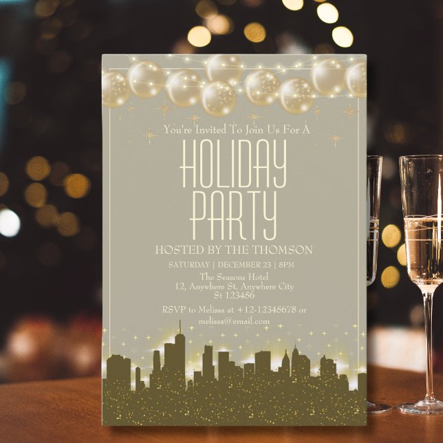 Elegant Sparkling Golden Skyline Holiday Party Invitation (Creator Uploaded)
