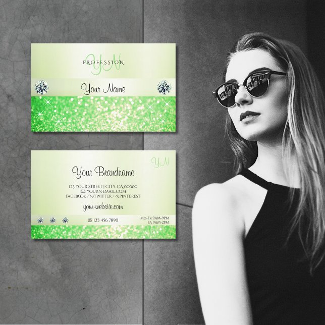 Elegant Sparkling Grass Green Glitter and Monogram Business Card (Creator Uploaded)