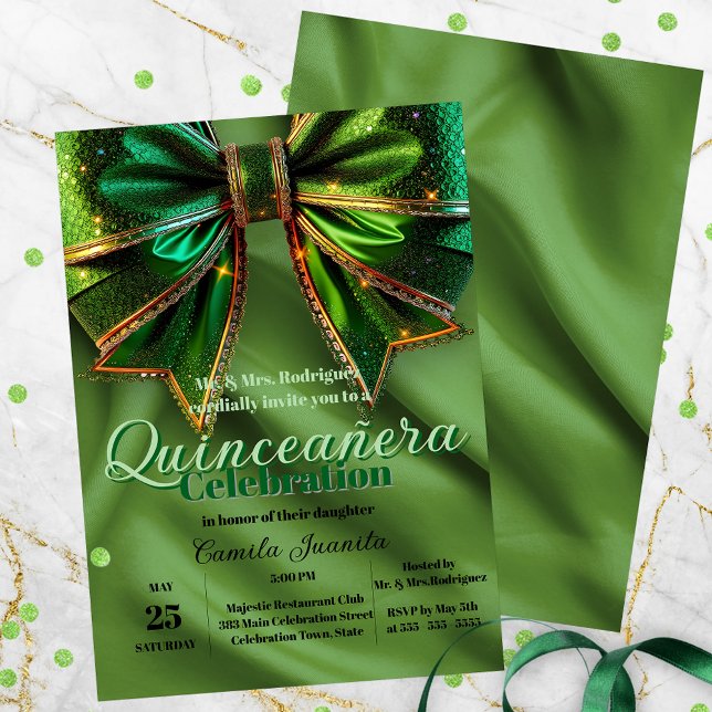 Elegant Sparkling Green Bow on Satin Quinceañera Invitation (Creator Uploaded)