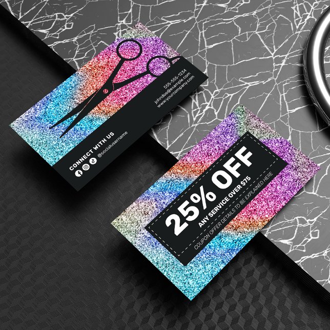 Elegant Sparkling Holographic Glitter Hairstylist Discount Card (Creator Uploaded)