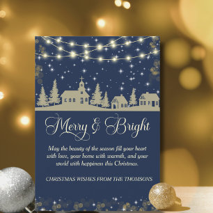 Elegant Sparkling Navy Blue Gold Winter Village  Holiday Card