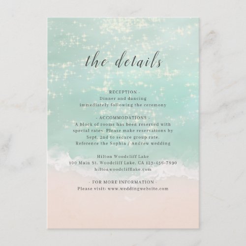Elegant sparkling ocean beach wedding details enclosure card