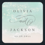 Elegant sparkling ocean beach wedding favor square sticker<br><div class="desc">Romantic coastal themed wedding favor sticker features beautiful turquoise abstract watercolor sparkling ocean wave and beach background,  toped with stylish script and elegant font names,  modern and simple,  great for sand beach wedding,  tropical destination wedding,  coastal ocean themed wedding. 
See all the matching pieces in collection.</div>