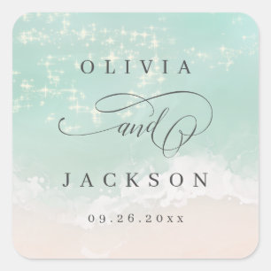 Elegant sparkling ocean beach wedding favor square sticker