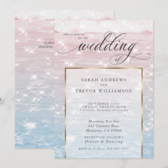 Elegant Sparkling Ocean Beach Wedding  Invitation (Front/Back)