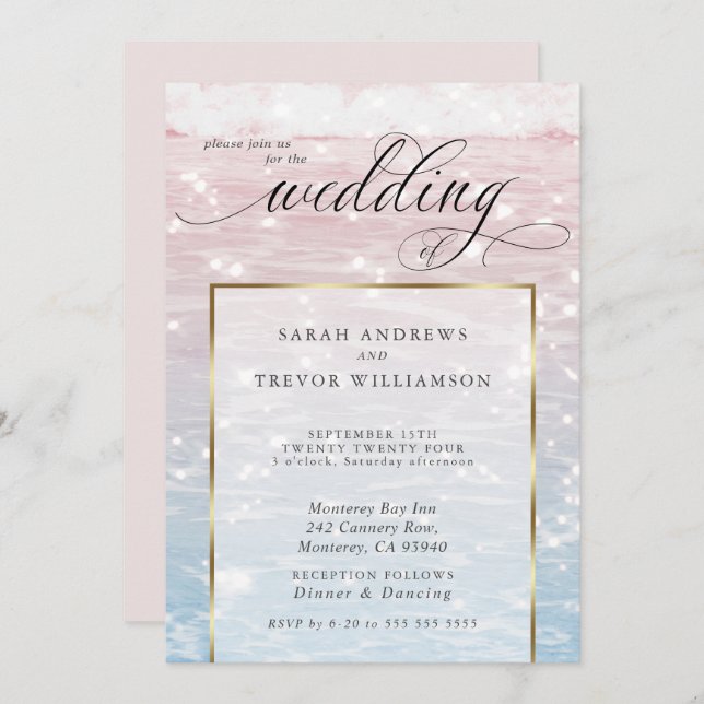 Elegant Sparkling Ocean Beach Wedding  Invitation (Front/Back)