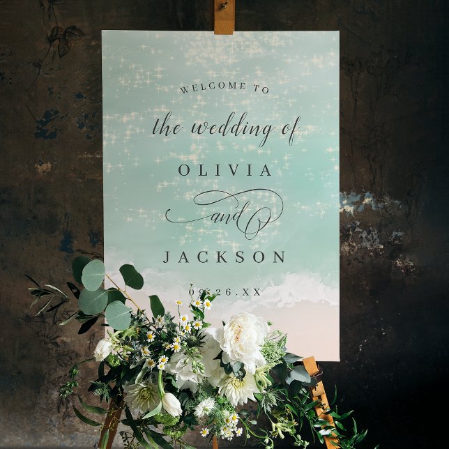 Elegant sparkling ocean beach wedding welcome sign (Elegant sparkling ocean beach wedding welcome sign)