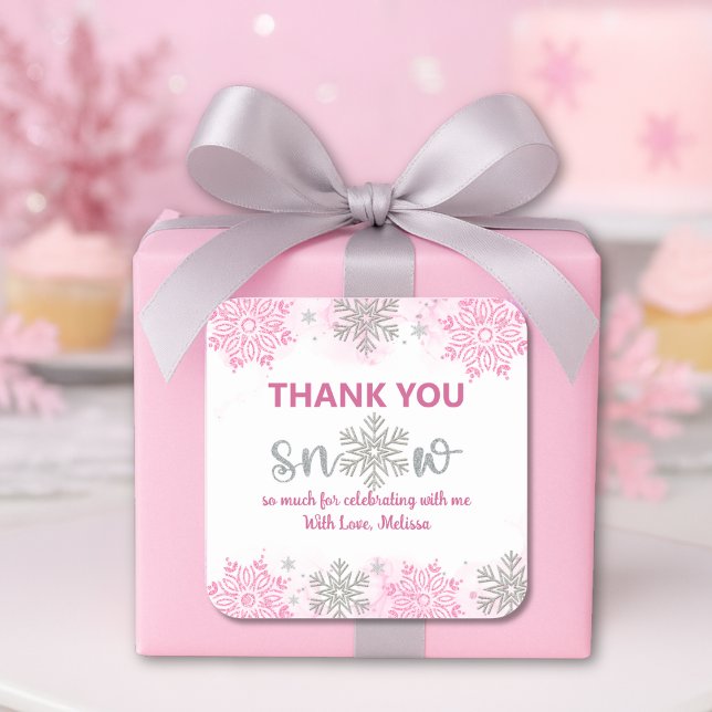 Elegant Sparkling Pink Snow Thank You Snow Much Square Sticker (Creator Uploaded)