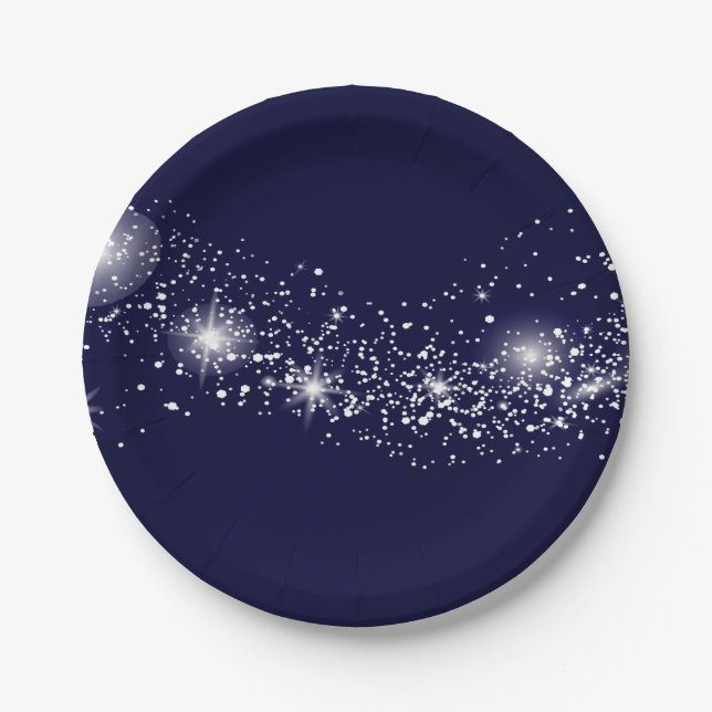 Elegant Sparkling Stars on Navy Blue  Paper Plates (Front)
