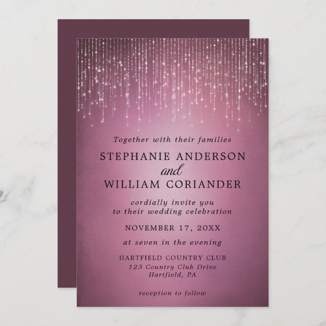 Elegant Sparkling String Lights Cranberry Wedding Invitation (Front/Back)