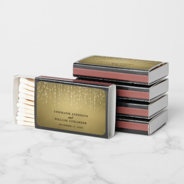 Elegant Sparkling String Lights Gold Wedding Matchboxes (Stacked)