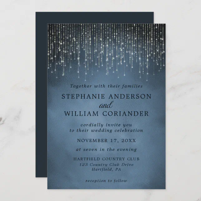 Elegant Sparkling String Lights Navy Blue Wedding Invitation | Zazzle