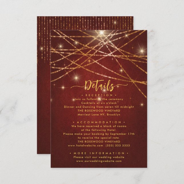 Elegant Sparkling String Lights Wedding Details Enclosure Card (Front/Back)