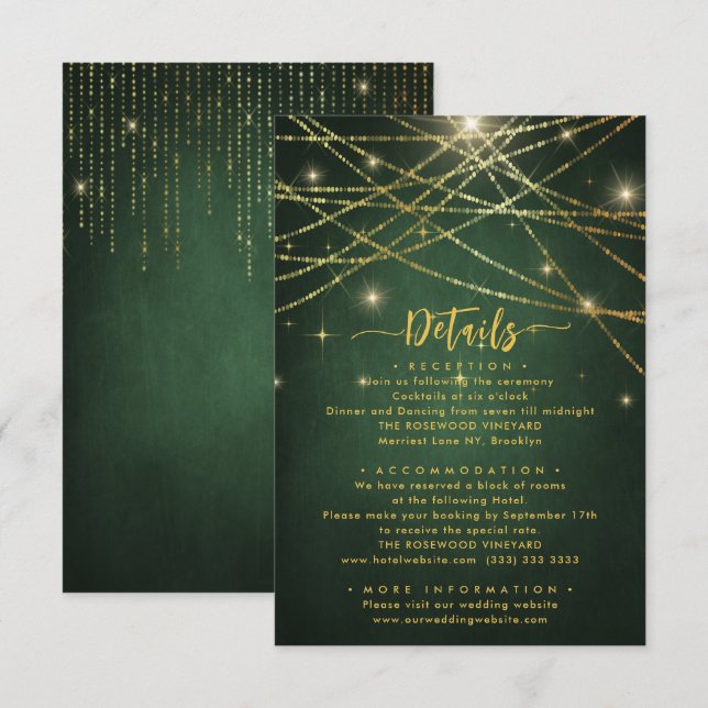 Elegant Sparkling String Lights Wedding Details Enclosure Card (Front/Back)