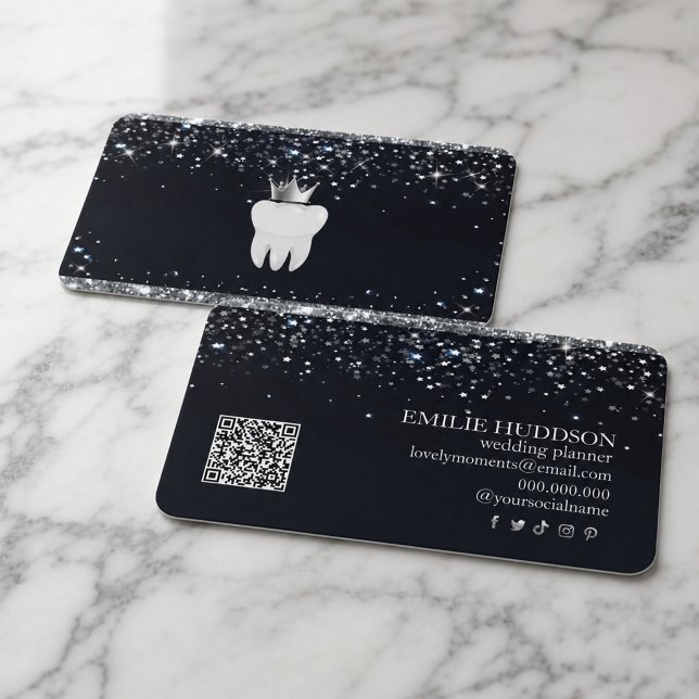 Elegant Sparkling Tooth Dentist | Modern Dental  Business Card (#toothbusinesscard #qrcode #toothbusinesscard #dentalbrand #blackandwhitedentalbusinesscard)