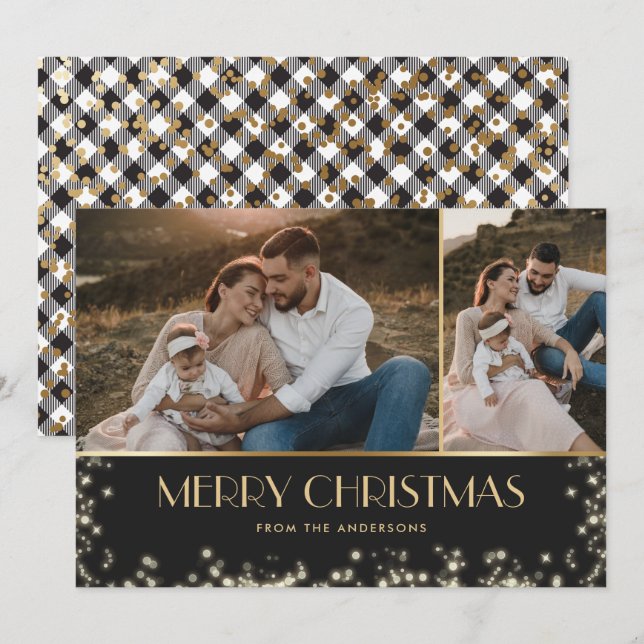 Elegant Sparkly Black Gold Plaid Photo Christmas Holiday Card (Front/Back)