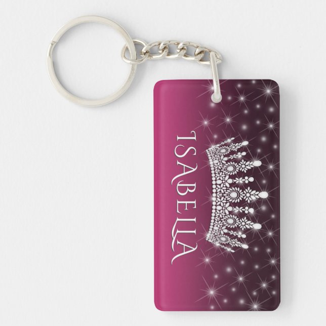 Elegant Sparkly Crown & Stars Hot Pink & Black Keychain (Front)