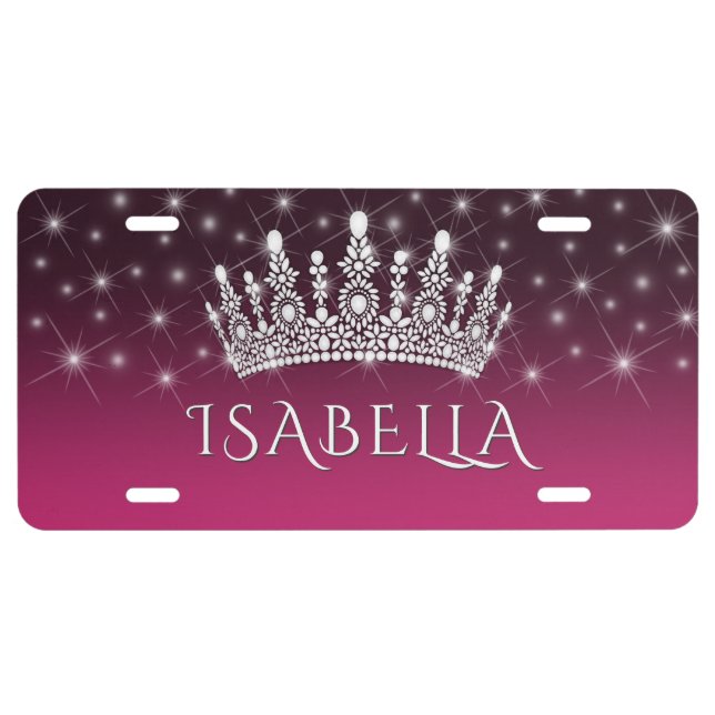Elegant Sparkly Crown & Stars Hot Pink & Black License Plate (Front)