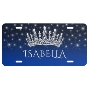Elegant Sparkly Crown & Stars Royal Blue Monogram License Plate