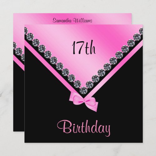 Elegant Sparkly Diamonds  Pink Bow 17th Birthday Invitation