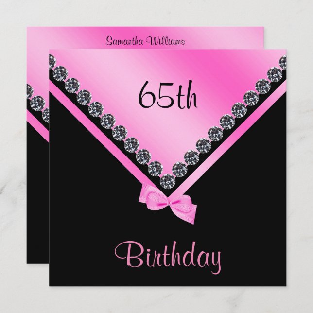 Elegant Sparkly Diamonds & Pink Bow 65th Birthday Invitation (Front/Back)