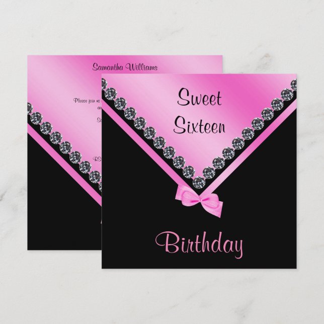 Elegant Sparkly Diamonds & Pink Bow Sweet 16 Invitation (Front/Back)