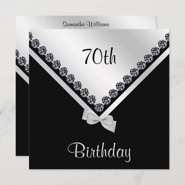 Elegant Sparkly Diamonds & Silver Bow 70th Invitation (Front/Back)