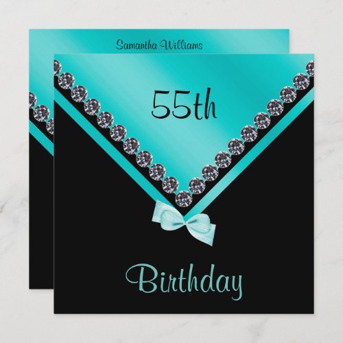 Elegant Sparkly Diamonds  Teal Bow 55th Birthday Invitation