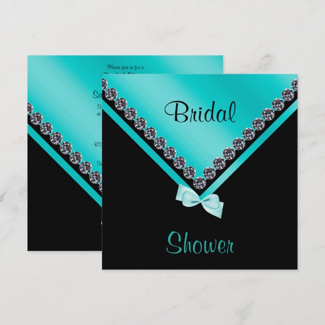 Elegant Sparkly Diamonds & Teal Bow Bridal Shower Invitation (Front/Back)