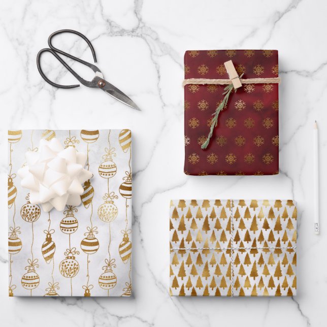 Elegant Sparkly Gold and Deep Red Christmas   Wrapping Paper Sheets (Front)