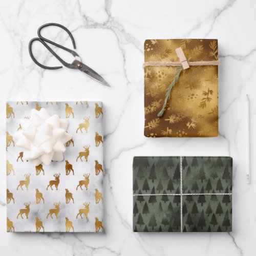 Elegant Sparkly Gold and Green Deer Pine Trees    Wrapping Paper Sheets