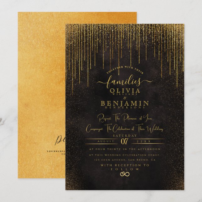 Elegant Sparkly Gold Glitter Foil Chic Wedding Inv Invitation (Front/Back)