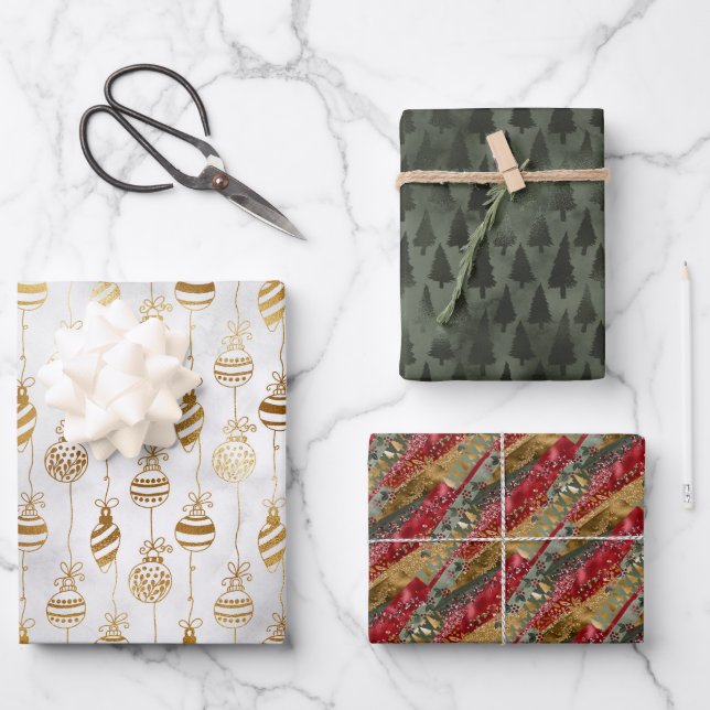 Elegant Sparkly Gold Green Pine Tree Red Wrapping Paper Sheets (Front)