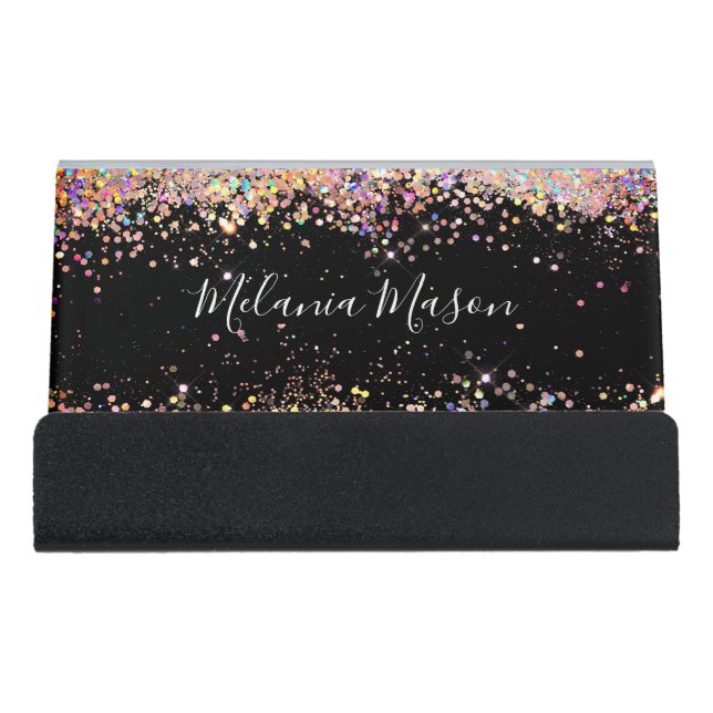 Elegant Sparkly Holographic Glitter Black Modern Desk Business Card Holder (Front)