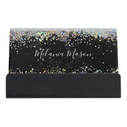 Elegant Sparkly Holographic Glitter Black Modern Desk Business Card Holder