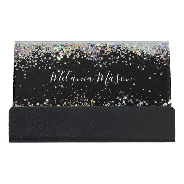 Elegant Sparkly Holographic Glitter Black Modern Desk Business Card Holder (Front)