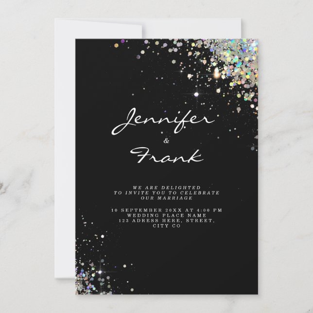 Elegant Sparkly Holographic Glitter Black Modern I Invitation (Front)
