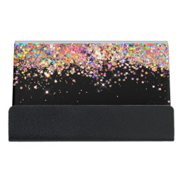 Elegant Sparkly Holographic Glitter Modern Black D Desk Business Card Holder