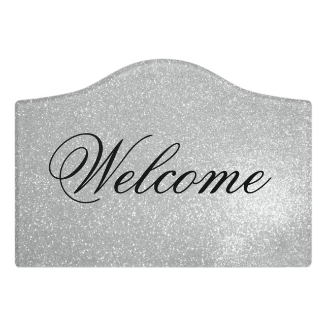 Elegant sparkly silver glitter custom welcome door sign (Small Crest Front)