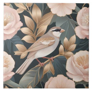 Elegant Sparrow Dusty Pink and Gold Floral Ceramic Tile