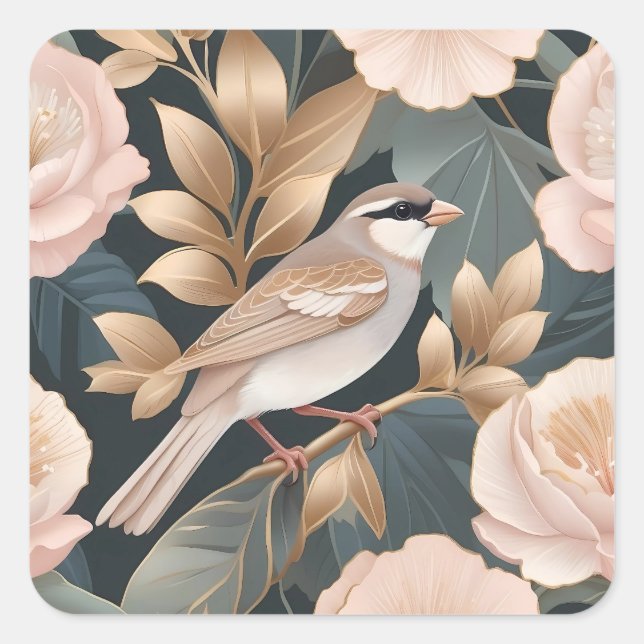 Elegant Sparrow Dusty Pink and Gold Floral Square Sticker (Front)