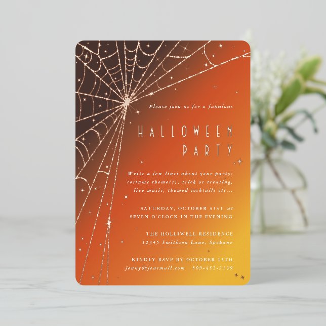 Elegant Spider Web Halloween Party Foil Invitation (Standing Front)