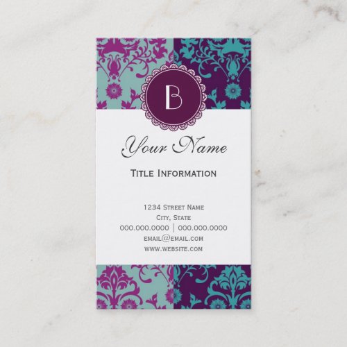 Elegant Split Damask Pattern with Monogram Business Cards