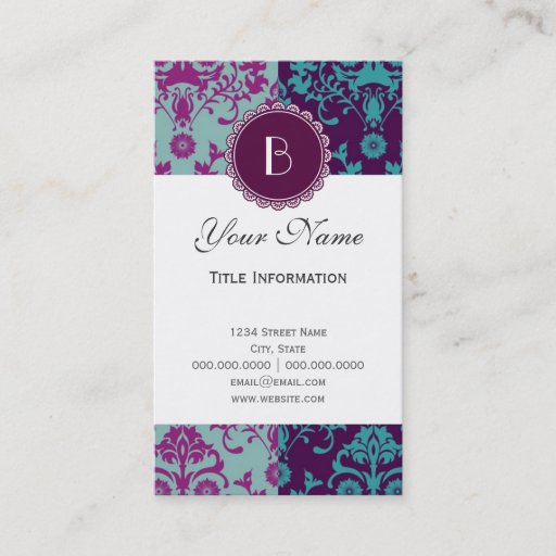 Customizable Elegant Split Damask Pattern with Monogram Business Cards