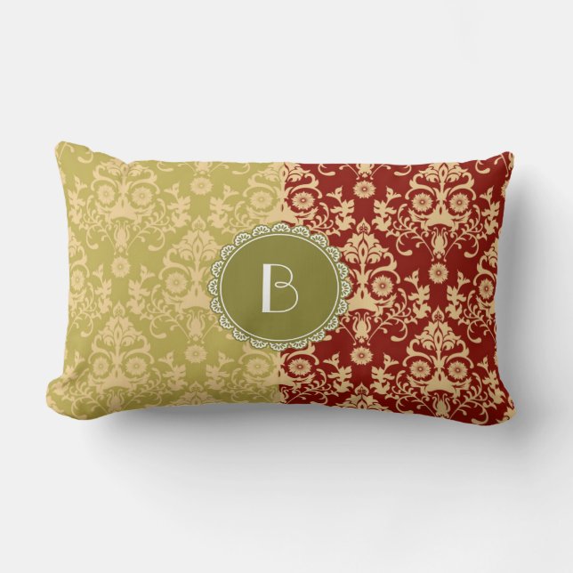 Elegant Split Damask Pattern with Monogram Lumbar Pillow (Front)