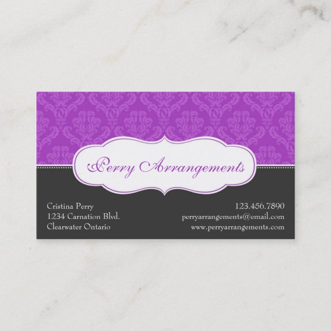 Elegant Split Damask - Purple Business Card (Front)