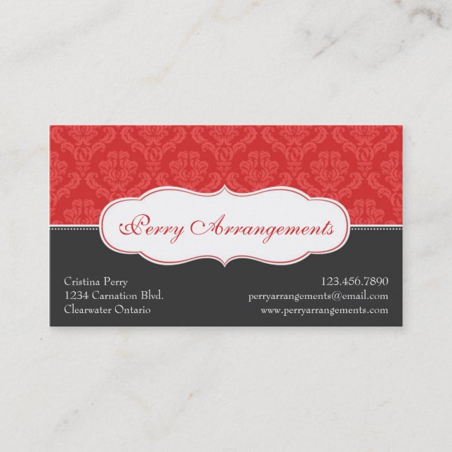 Elegant Split Damask - Red Business Card (Front)